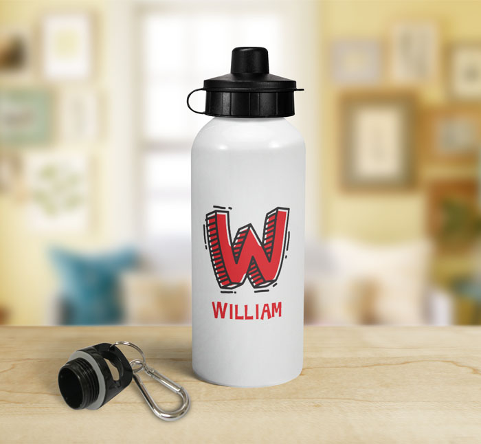 personalised letter w doodle sports water bottle