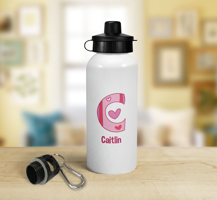 personalised hearts letter c sports water bottle