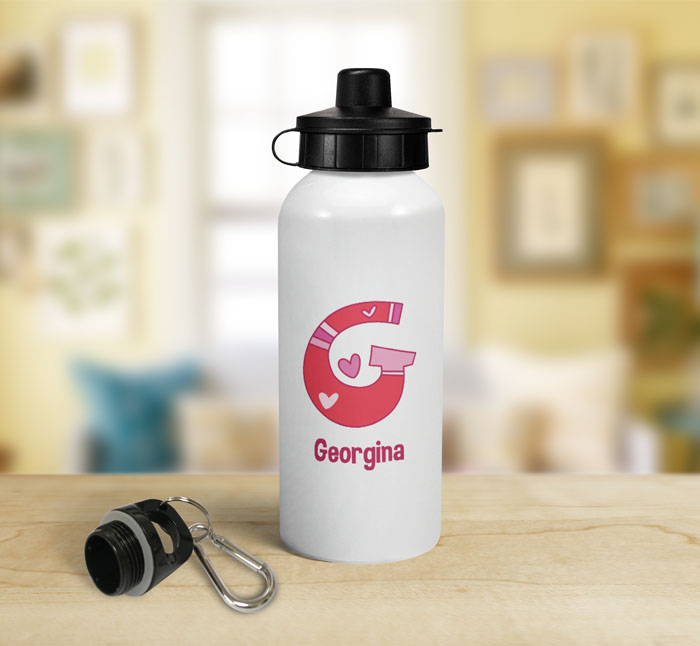 personalised hearts letter g sports water bottle