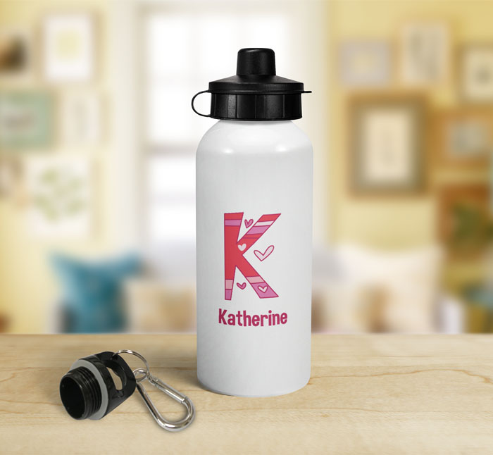 personalised hearts letter k sports water bottle