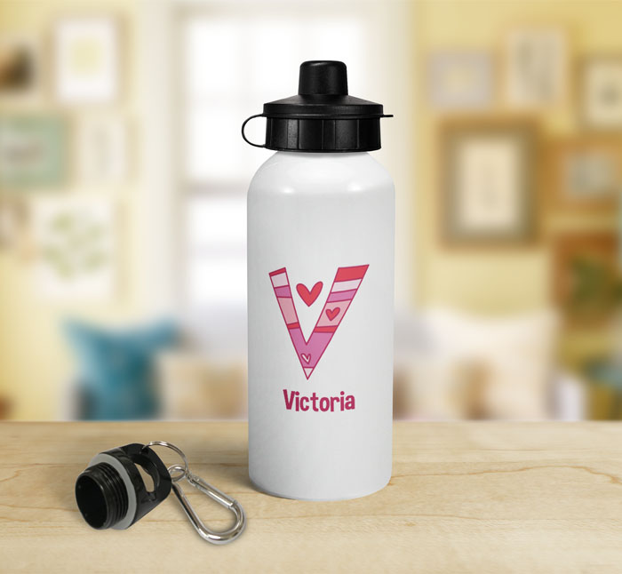 personalised hearts letter v sports water bottle