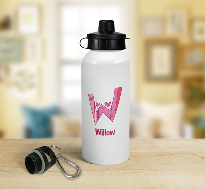 personalised hearts letter w sports water bottle