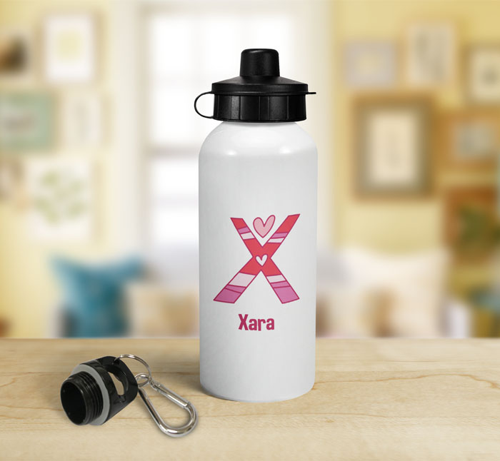 personalised hearts letter x sports water bottle