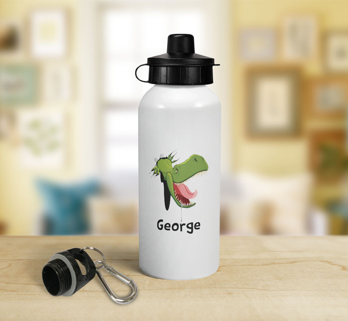 personalised hungry dinosaur sports water bottle