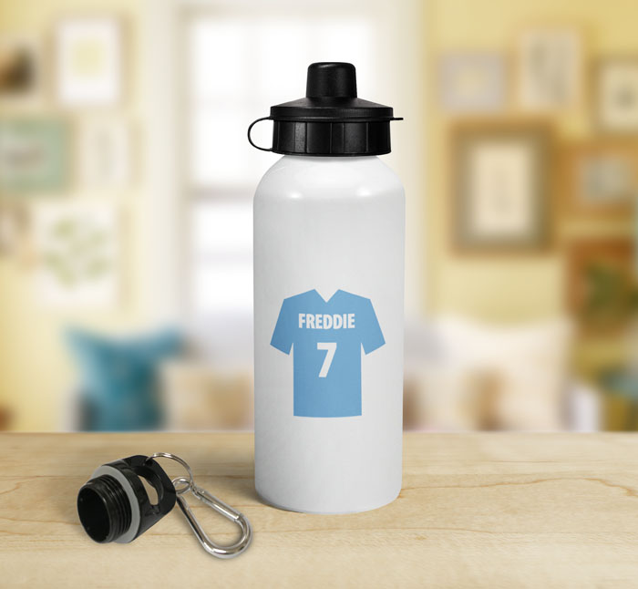 personalised light blue football shirt sports water bottle