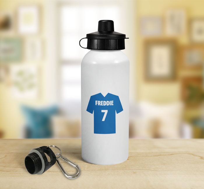personalised blue football shirt sports water bottle