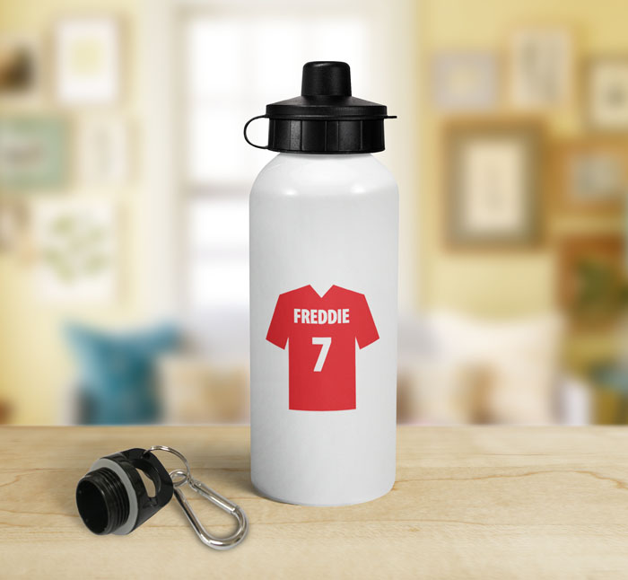 personalised red football shirt sports water bottle