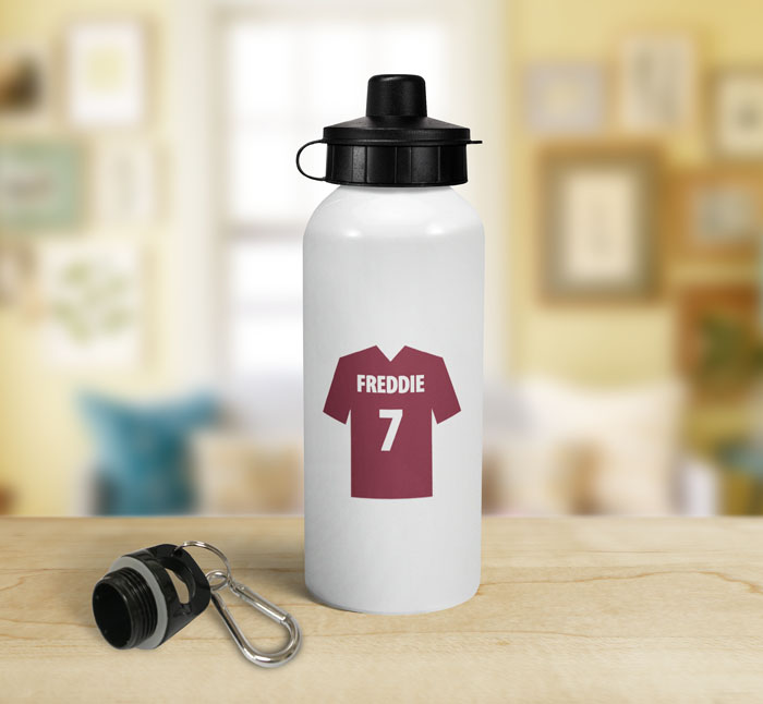 personalised burgundy football shirt sports water bottle