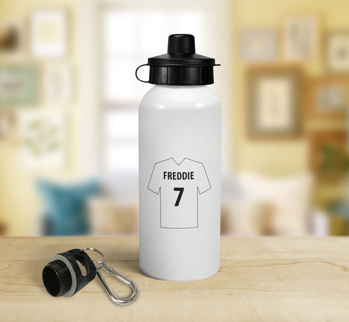 personalised white football shirt sports water bottle