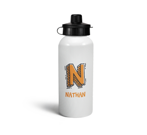 personalised orange letter n doodle sports water bottle