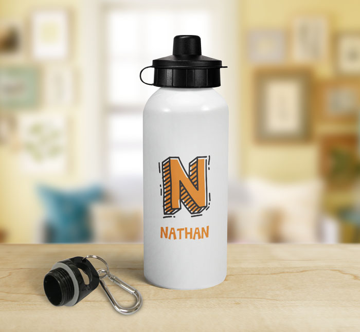 personalised orange letter n doodle sports water bottle