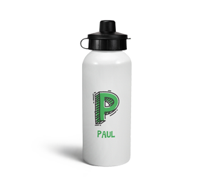 personalised green letter p doodle sports water bottle